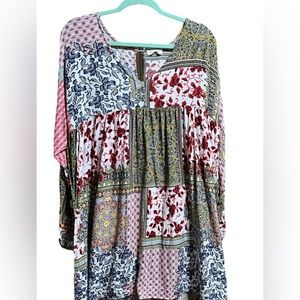 Velzera Patchwork peasant dress, loose elastic cuffs, 2x plus size